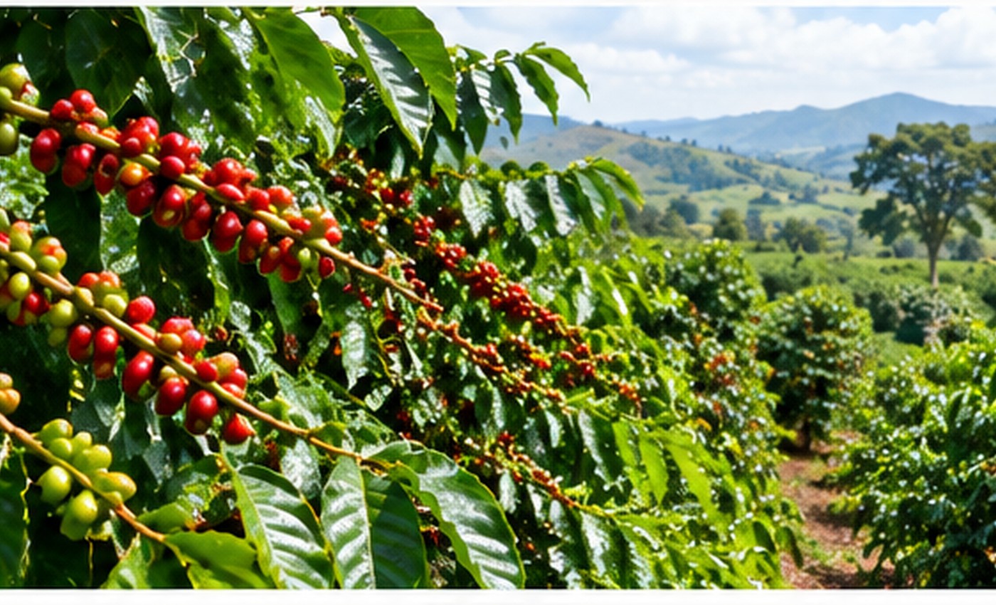 Coffee cherries growing on a coffee plantation
