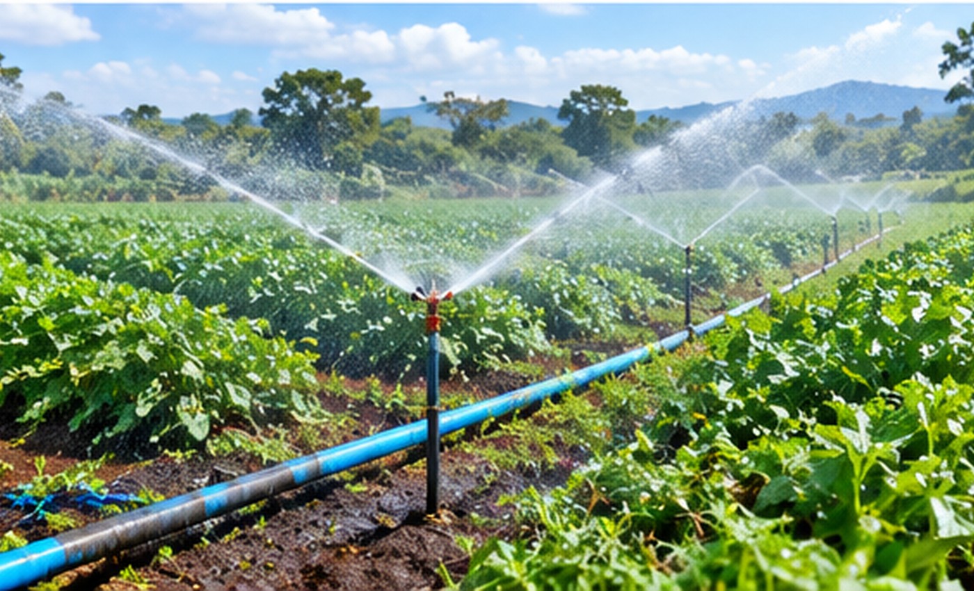 Irrigation sprinklers watering a cultivated field