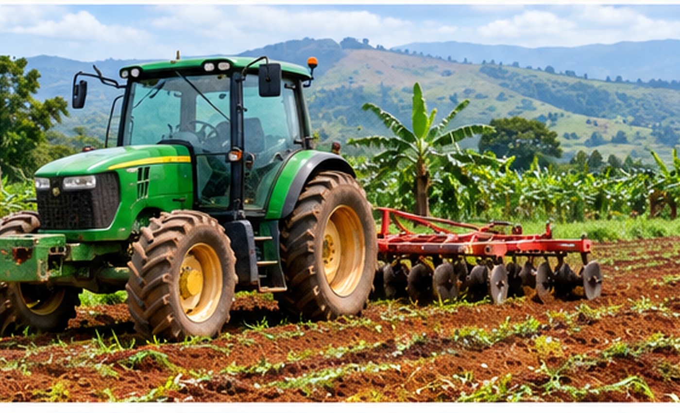 Tractor working on a cultivated African farm field